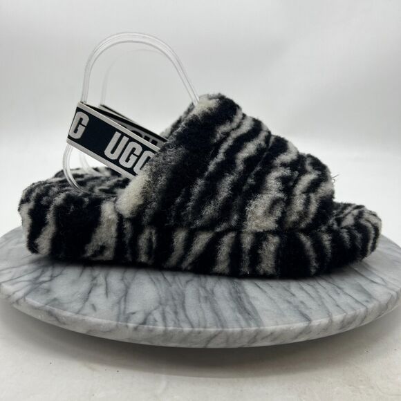 UGG Fluff Yeah Slide Zebra Sandal Womens 8 Elastic Sling Back Fluffy Sheepskin - Picture 2 of 11
